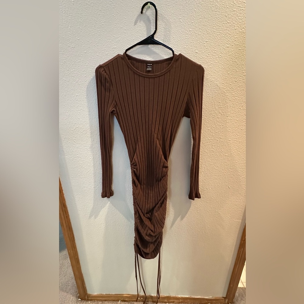 Brown Synched Long Sleeve Short Dress from Shein.